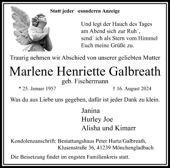 Traueranzeige von Marlene Henriette Galbreath von trauer.extra-tipp-moenchengladbach.de