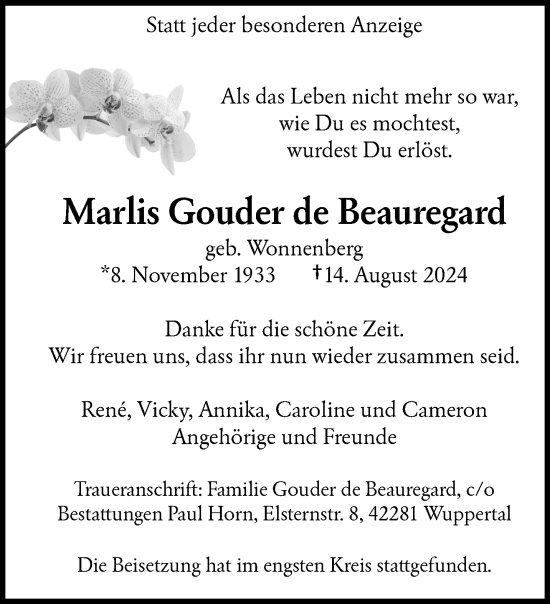 Traueranzeige von Marlis Gouder de Beauregard von trauer.wuppertaler-rundschau.de