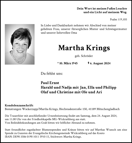 Traueranzeige von Martha Krings von trauer.extra-tipp-moenchengladbach.de