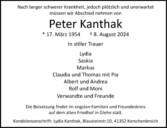 Traueranzeige von Peter Kanthak von trauer.extra-tipp-moenchengladbach.de