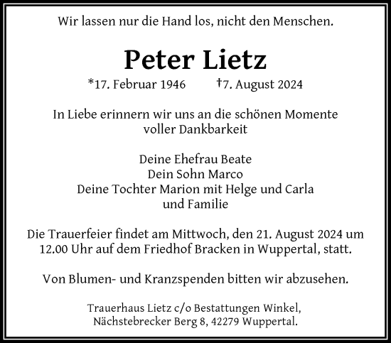 Traueranzeige von Peter Lietz von trauer.wuppertaler-rundschau.de