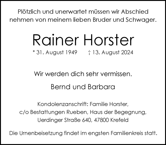 Traueranzeige von Rainer Horster von trauer.extra-tipp-moenchengladbach.de