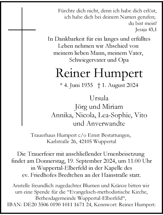 Traueranzeige von Reiner Humpert von trauer.wuppertaler-rundschau.de