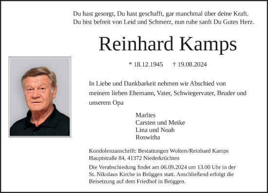 Traueranzeige von Reinhard Kamps von trauer.extra-tipp-moenchengladbach.de