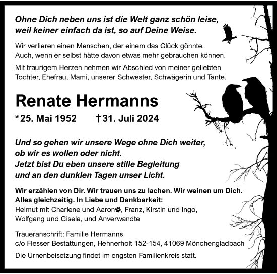 Traueranzeige von Renate Hermanns von trauer.extra-tipp-moenchengladbach.de