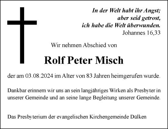 Traueranzeige von Rolf Peter Misch von trauer.extra-tipp-moenchengladbach.de