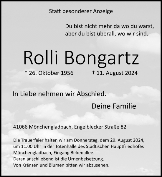 Traueranzeige von Rolli Bongartz von trauer.extra-tipp-moenchengladbach.de