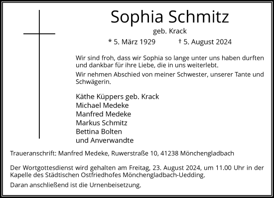 Traueranzeige von Sophia Schmitz von trauer.extra-tipp-moenchengladbach.de