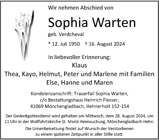 Traueranzeige von Sophia Warten von trauer.extra-tipp-moenchengladbach.de