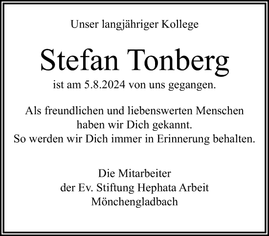 Traueranzeige von Stefan Tonberg von trauer.extra-tipp-moenchengladbach.de