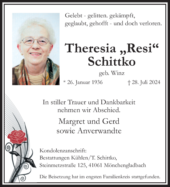 Traueranzeige von Theresia Schittko von trauer.extra-tipp-moenchengladbach.de