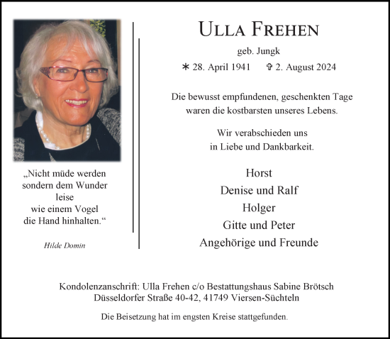 Traueranzeige von Ulla Frehen von trauer.extra-tipp-moenchengladbach.de