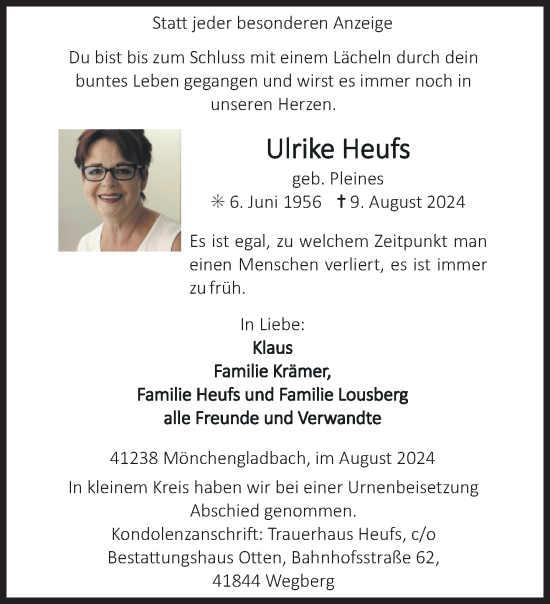 Traueranzeige von Ulrike Heufs von trauer.extra-tipp-moenchengladbach.de