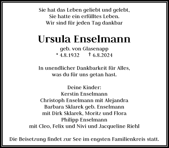 Traueranzeige von Ursula Enselmann von trauer.wuppertaler-rundschau.de