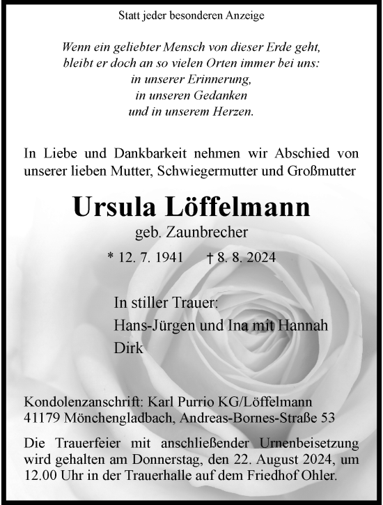 Traueranzeige von Ursula Löffelmann von trauer.extra-tipp-moenchengladbach.de