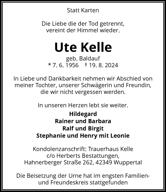 Traueranzeige von Ute Kelle von trauer.wuppertaler-rundschau.de