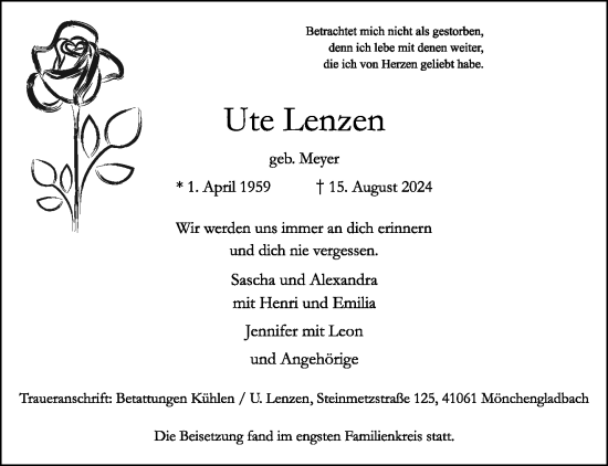 Traueranzeige von Ute Lenzen von trauer.extra-tipp-moenchengladbach.de