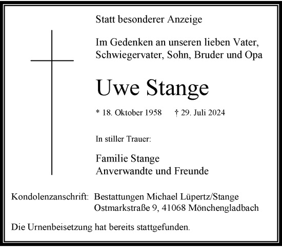 Traueranzeige von Uwe Stange von trauer.extra-tipp-moenchengladbach.de