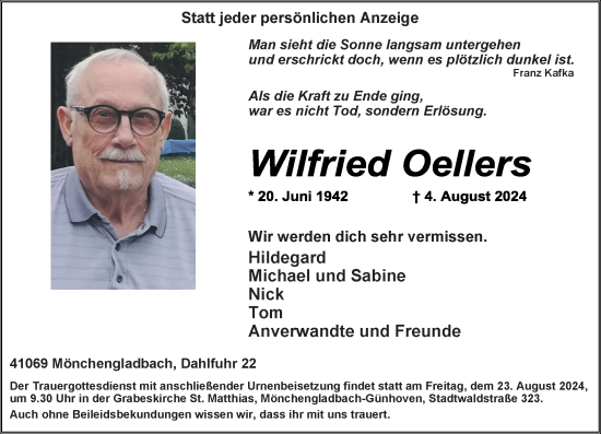 Traueranzeige von Wilfried Oellers von trauer.extra-tipp-moenchengladbach.de