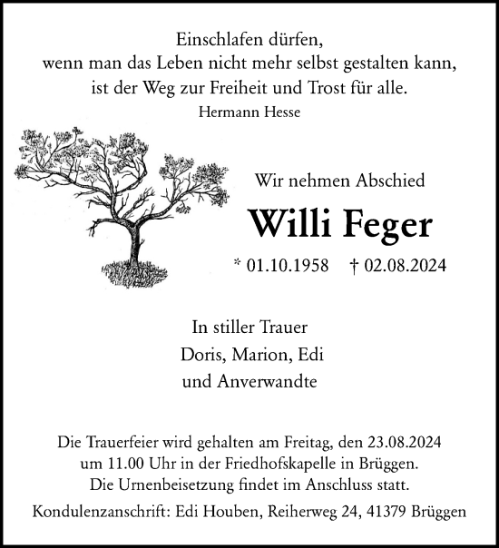 Traueranzeige von Willi Feger von trauer.extra-tipp-moenchengladbach.de