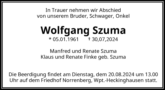 Traueranzeige von Wolfgang Szuma von trauer.wuppertaler-rundschau.de