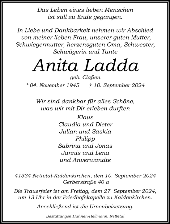 Traueranzeige von Anita Ladda von trauer.extra-tipp-moenchengladbach.de