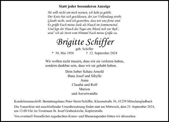 Traueranzeige von Brigitte Schiffer von trauer.extra-tipp-moenchengladbach.de