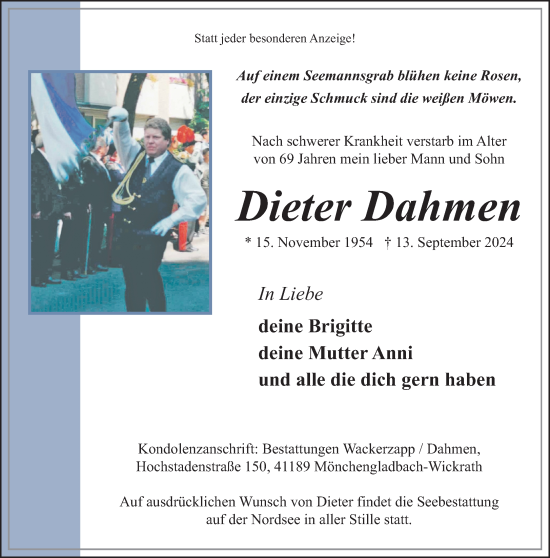 Traueranzeige von Dieter Dahmen von trauer.extra-tipp-moenchengladbach.de