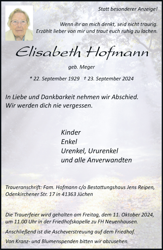 Traueranzeige von Elisabeth Hofmann von trauer.stadt-kurier.de