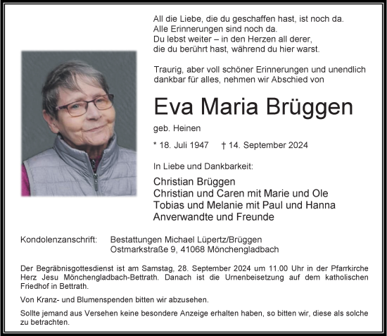 Traueranzeige von Eva Maria Brüggen von trauer.extra-tipp-moenchengladbach.de