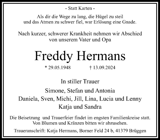 Traueranzeige von Freddy Hermans von trauer.extra-tipp-moenchengladbach.de