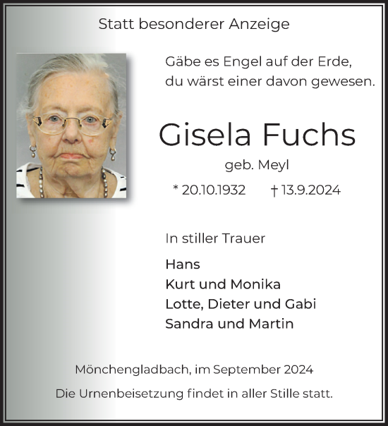 Traueranzeige von Gisela Fuchs von trauer.extra-tipp-moenchengladbach.de