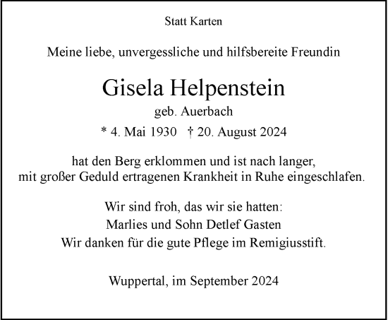 Traueranzeige von Gisela Helpenstein von trauer.wuppertaler-rundschau.de