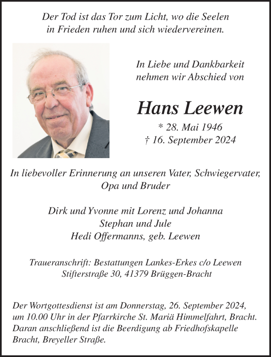 Traueranzeige von Hans Leewen von trauer.extra-tipp-moenchengladbach.de