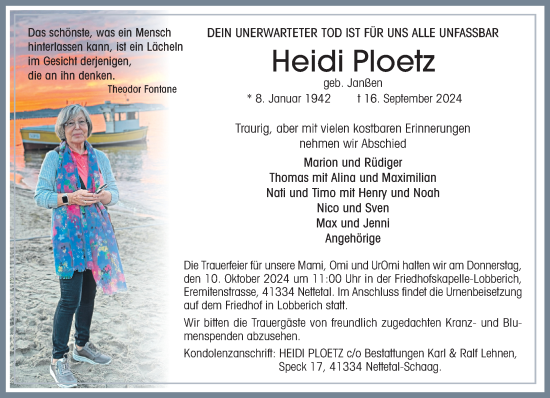 Traueranzeige von Heidi Ploetz von trauer.extra-tipp-moenchengladbach.de