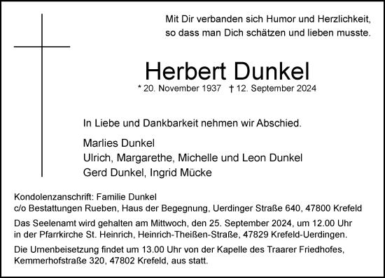 Traueranzeige von Herbert Dunkel von trauer.extra-tipp-moenchengladbach.de