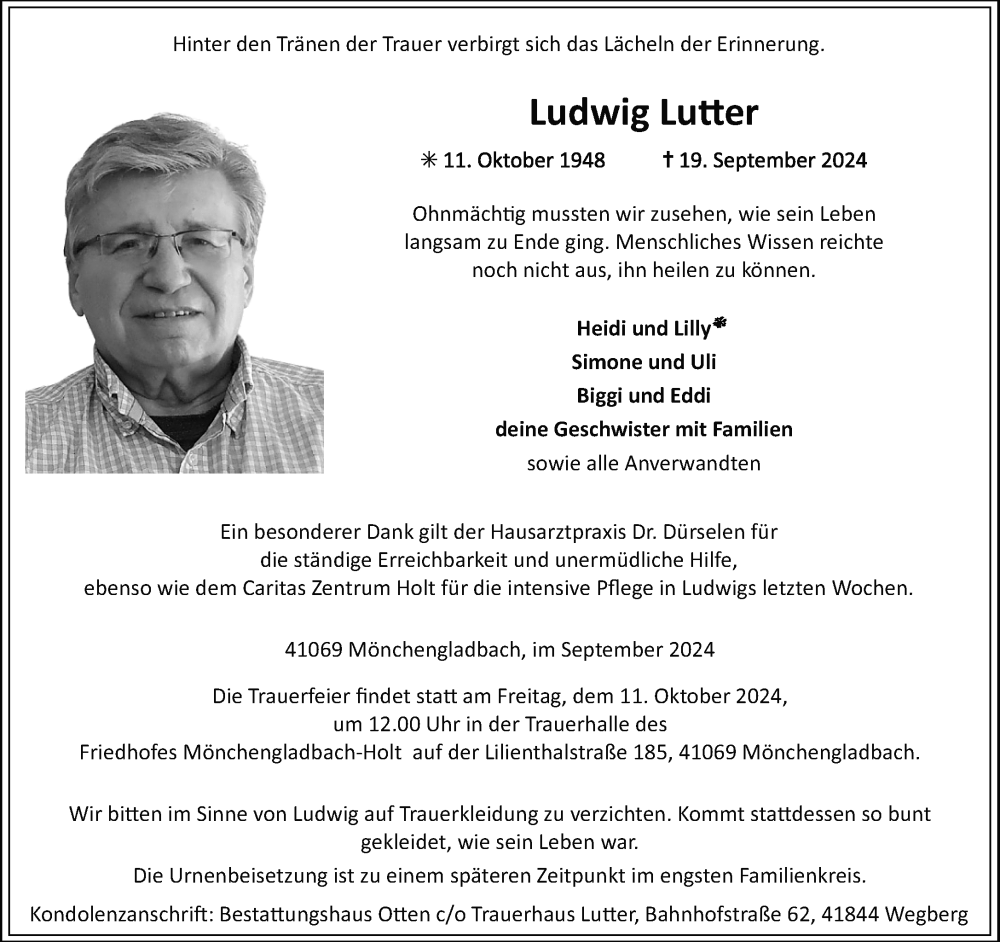  Traueranzeige für Ludwig Lutter vom 29.09.2024 aus trauer.extra-tipp-moenchengladbach.de