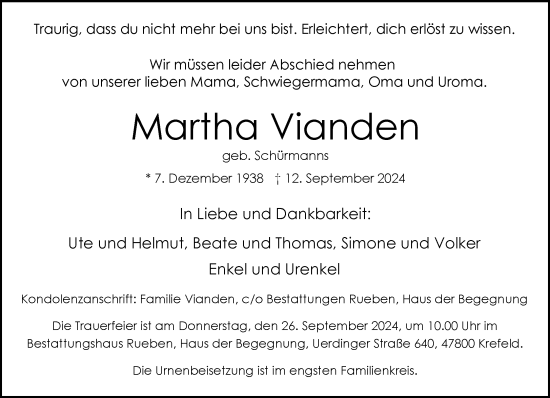 Traueranzeige von Martha Vianden von trauer.extra-tipp-moenchengladbach.de