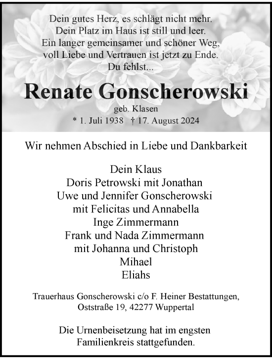 Traueranzeige von Renate Gonscherowski von trauer.wuppertaler-rundschau.de