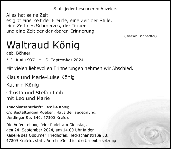 Traueranzeige von Waltraud König von trauer.extra-tipp-moenchengladbach.de