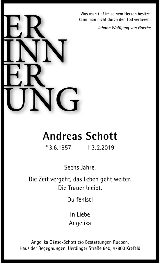 Traueranzeige von Andreas Schott von trauer.extra-tipp-moenchengladbach.de