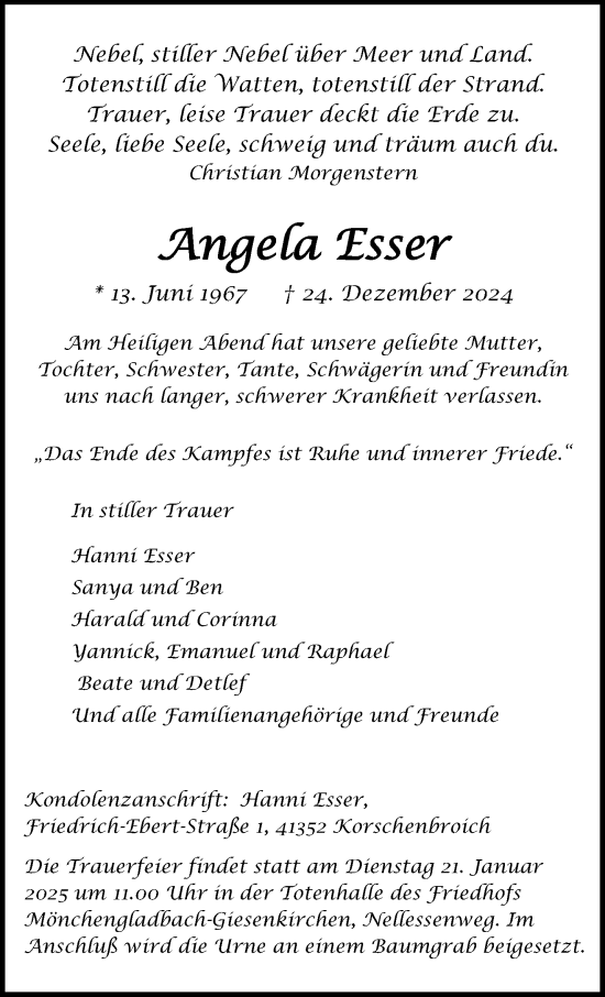 Traueranzeige von Angela Esser von trauer.extra-tipp-moenchengladbach.de