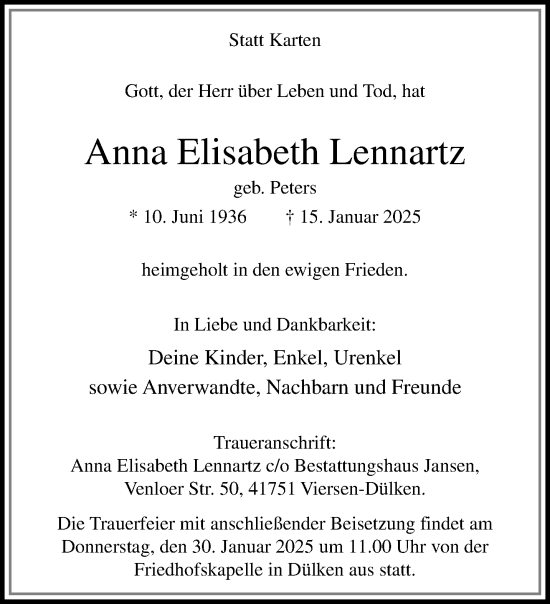 Traueranzeige von Anna Elisabeth Lennartz von trauer.extra-tipp-moenchengladbach.de