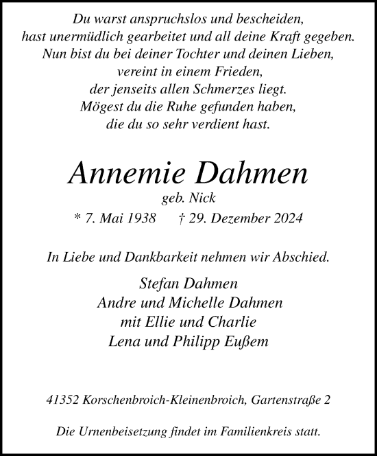 Traueranzeige von Annemie Dahmen von trauer.extra-tipp-moenchengladbach.de