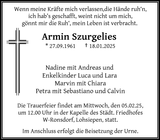 Traueranzeige von Armin Szurgelies von trauer.wuppertaler-rundschau.de