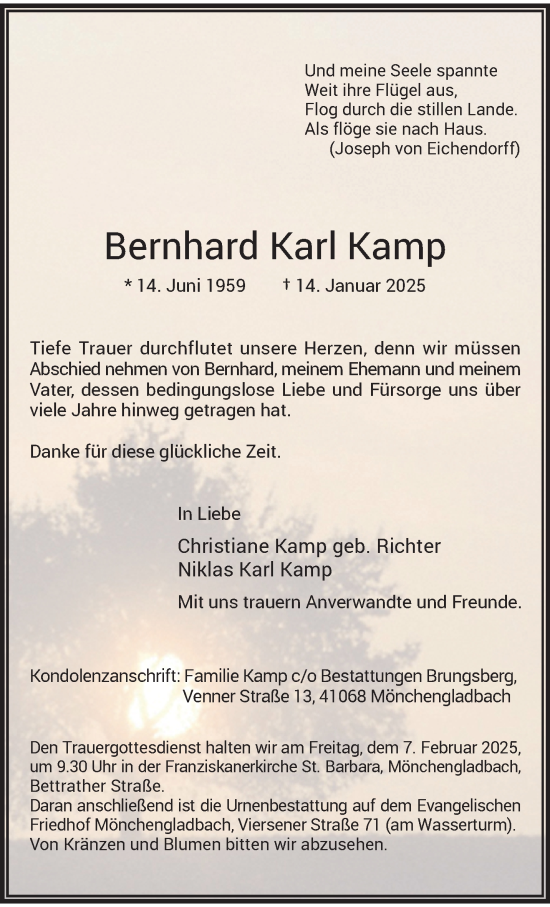 Traueranzeige von Bernhard Karl Kamp von trauer.extra-tipp-moenchengladbach.de