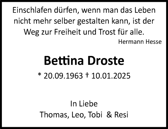 Traueranzeige von Bettina Droste von trauer.wuppertaler-rundschau.de