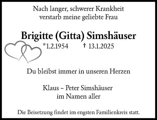 Traueranzeige von Brigitte Simshäuser von trauer.wuppertaler-rundschau.de