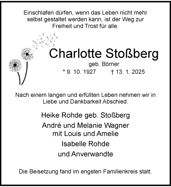 Traueranzeige von Charlotte Stoßberg von trauer.wuppertaler-rundschau.de