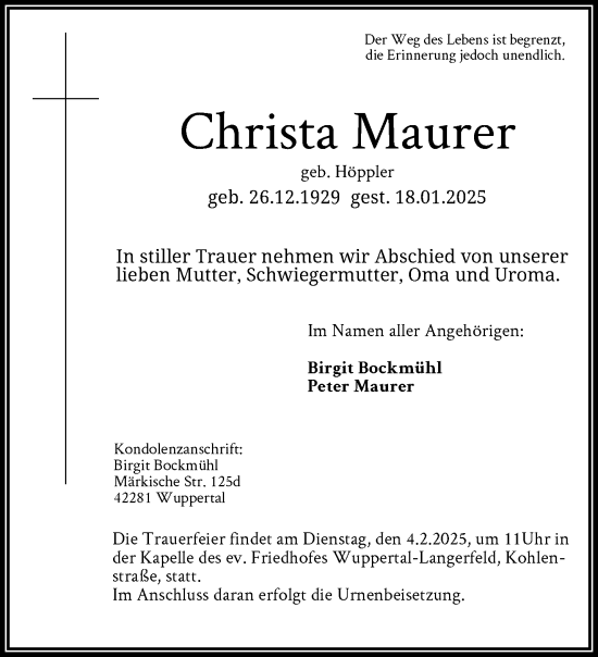 Traueranzeige von Christa Maurer von trauer.wuppertaler-rundschau.de